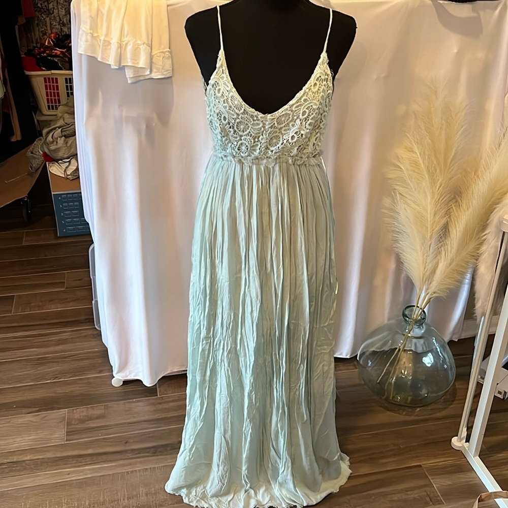Mint baby blue Backless strappy maxi dress with fringe and crochet detailing